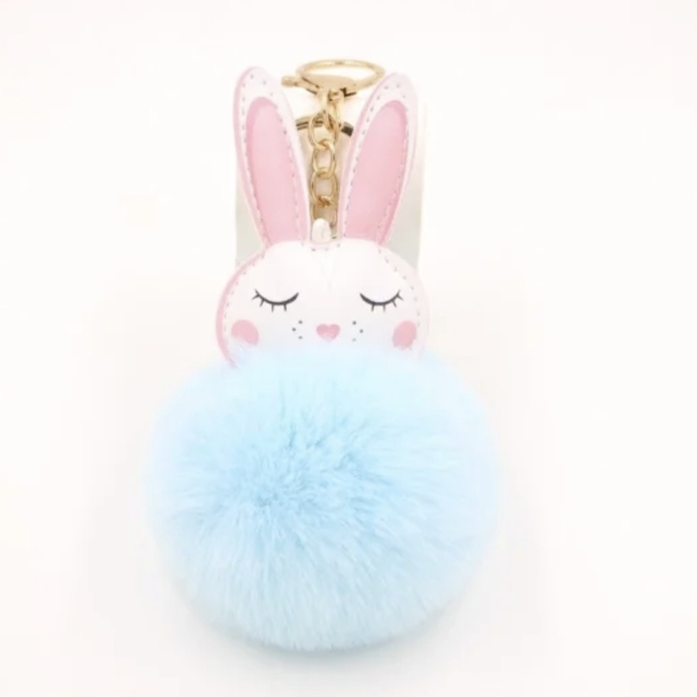 Cute Bunny Pom Pom Keychain Set - Pink, Blue, White, Green - Picture 3 of 6
